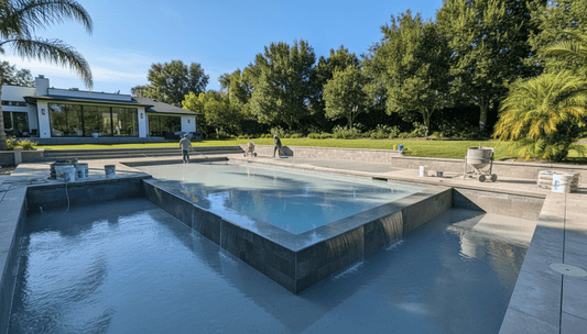 Replastering a 24x40 inground pool with a vanishing edge overlooking a backyard landscape on a sunny day