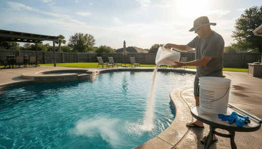 Shock dose being measured and poured into a 20000 gallon backyard pool after a lightning storm closure