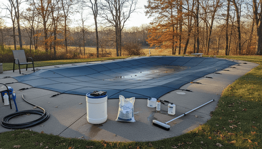 Pool closing supplies including a cyanuric acid stabilizer container beside a covered inground pool in late fall