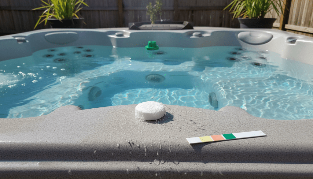 Trichlor shock tablet dissolving in a 6 person hot tub with a test strip resting on the spa edge