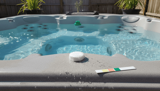 Trichlor shock tablet dissolving in a 6 person hot tub with a test strip resting on the spa edge