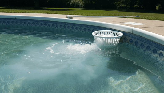 Trichlor shock tablets dissolving in a skimmer basket of a backyard vinyl liner pool with cloudy water visible