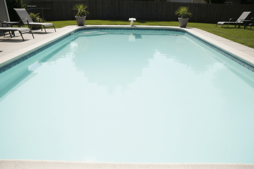 Backyard swimming pool with cloudy water after shocking treatment