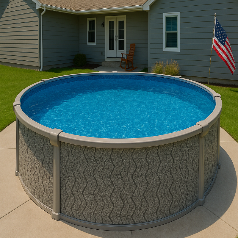 Close-up view of an 18-foot round above ground pool with a stone-patterned exterior, set in a suburban backyard with a gray house and American flag.