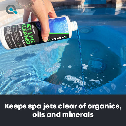 Person pouring a bottle labeled 'Jet Line Cleaner' into a hot tub with text about maintaining spa jets.