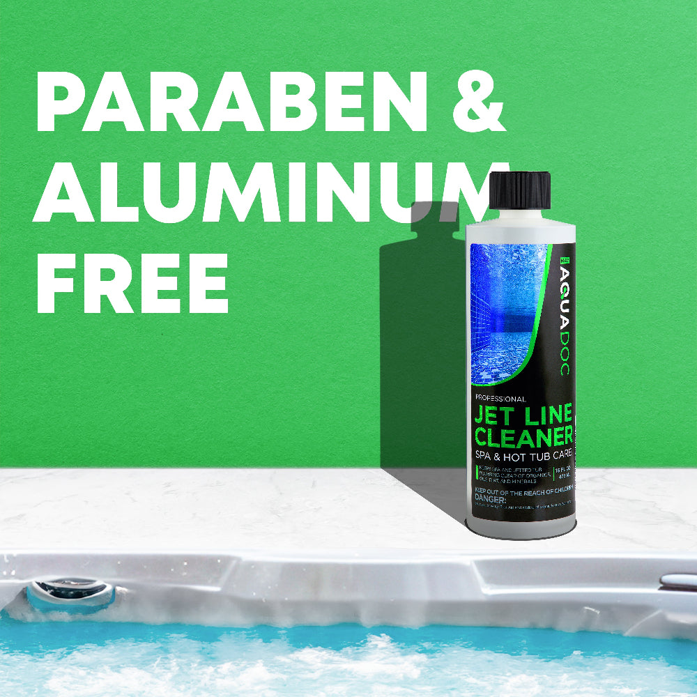 Aquadoc Jet Line Cleaner bottle with green background and text 'Paraben & Aluminum Free'.