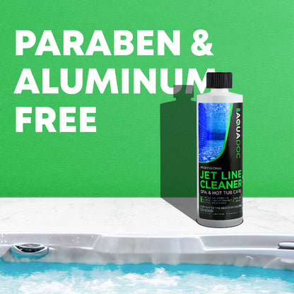 Aquadoc Jet Line Cleaner bottle with green background and text 'Paraben & Aluminum Free'.