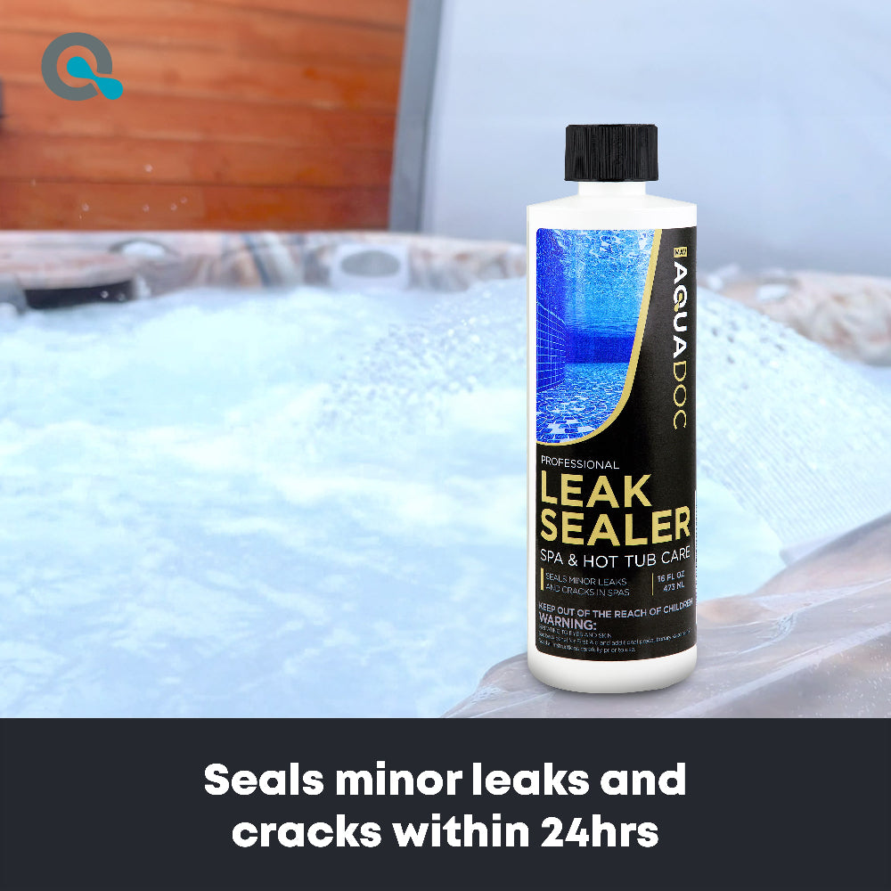 Bottle of leak sealer for spas and hot tubs with a hot tub in the background