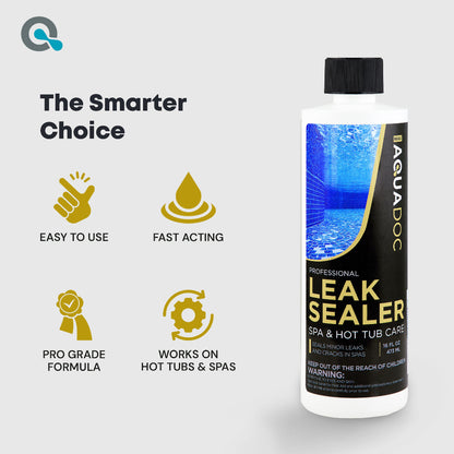 Aquadoc leak sealer bottle with features on a white background