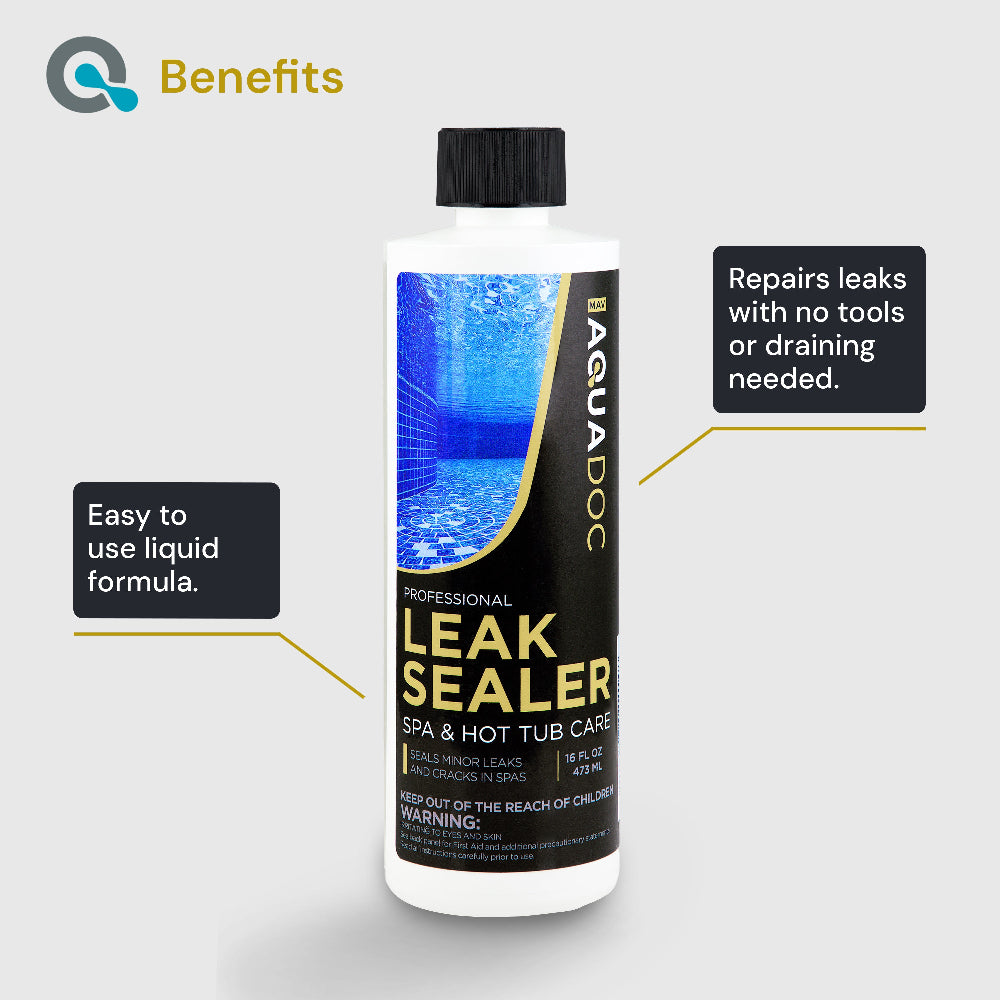 Aquadoc leak sealer bottle with benefits text on a gray background