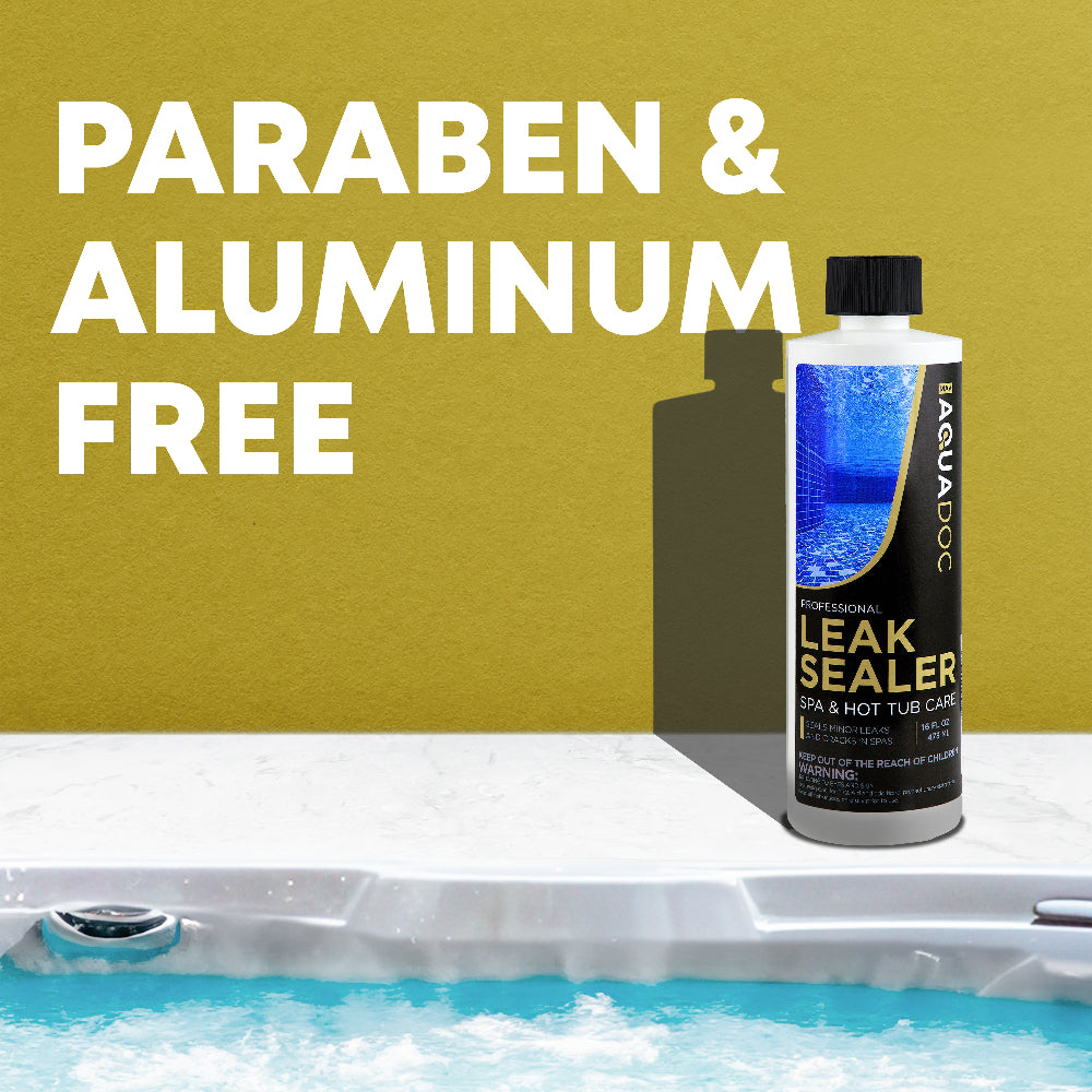 Aquadoc leak sealer bottle with 'Paraben & Aluminum Free' text on a yellow background