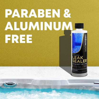 Aquadoc leak sealer bottle with 'Paraben & Aluminum Free' text on a yellow background