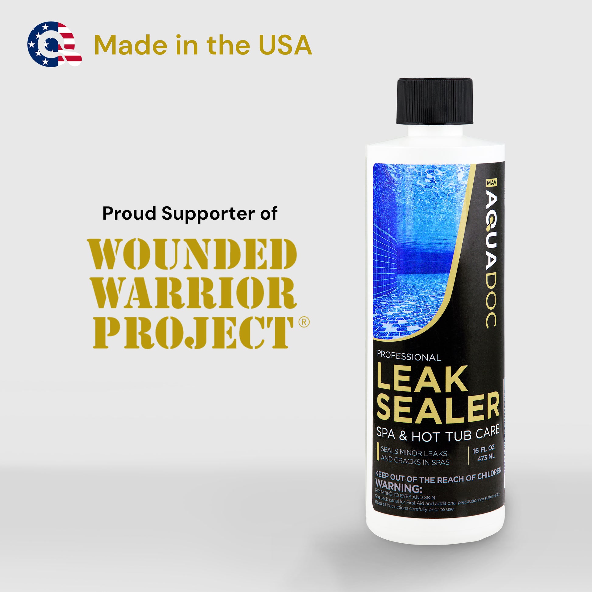 Aquadoc leak sealer bottle with branding and text on a gray background