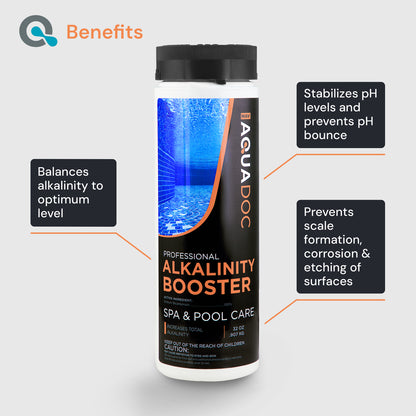 Aquadoc Alkalinity Booster bottle with benefits listed on a gray background