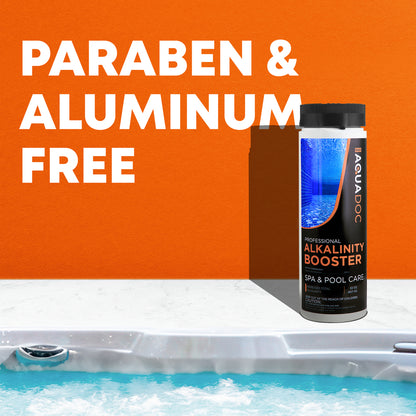 Aquadoc Alkalinity Booster bottle with 'Paraben & Aluminum Free' text on an orange background