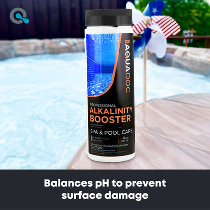 Aquadoc Alkalinity Booster bottle with pool background