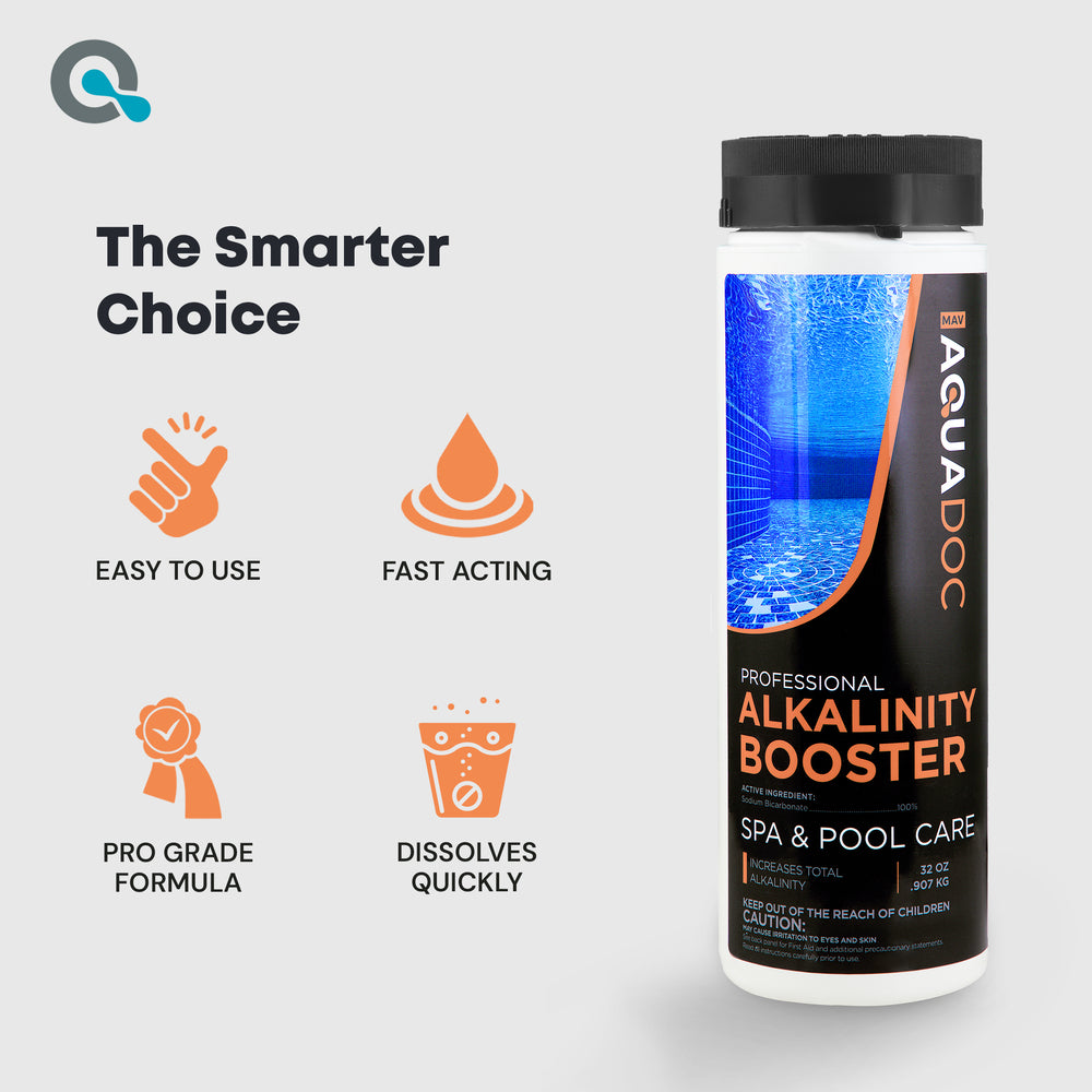 Aquadoc Alkalinity Booster bottle with features on a gray background