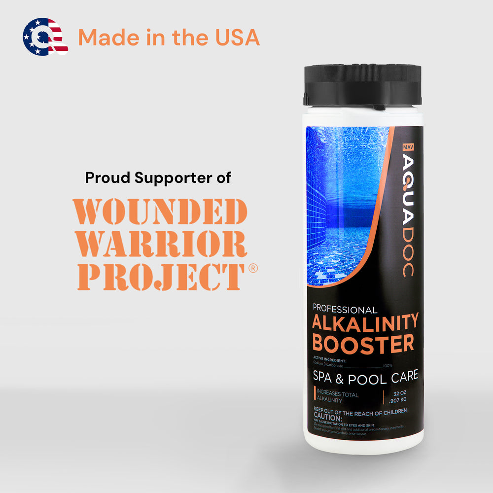 Aquadoc Alkalinity Booster bottle with Wounded Warrior Project text on a gray background