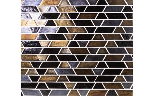 Close-up of Blackies mosaic tile with copper and iridescent details