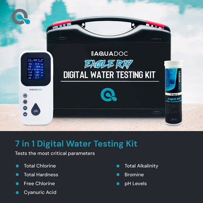 Aquadoc Eagle Ray digital water testing kit with components on a poolside background