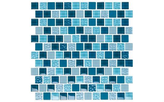 Blue, teal, and gray glossy glass mosaic tile for pools and spas