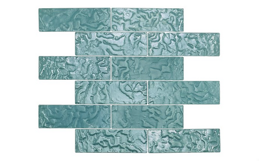 Front view of KAI-SEA BREEZE2X6 glass tile showcasing iridescent teal color.
