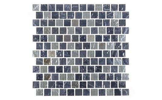 NPT 1x1 Nordic Shores Volcanic Pool Tile in dark gray, silver, and iridescent hues