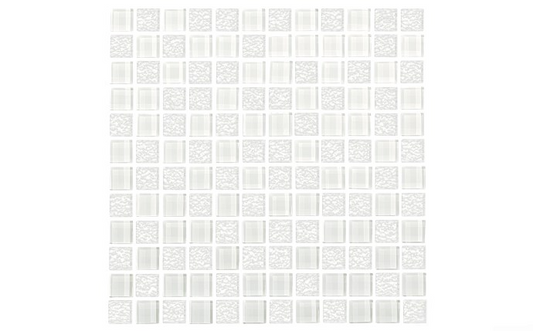 Front view of NPT 1x1 iridescent glass tile in white2: Close-up of the glossy iridescent finish on the white tile White iridescent glass tiles installed in a pool