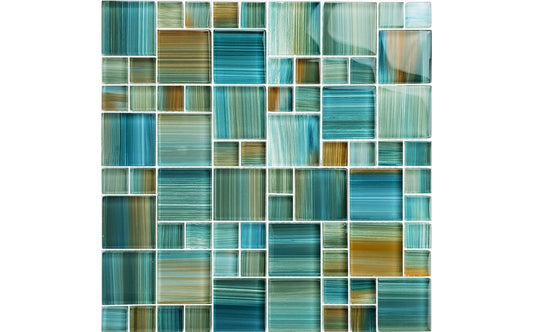 Mixed size aqua glass mosaic tile sheet