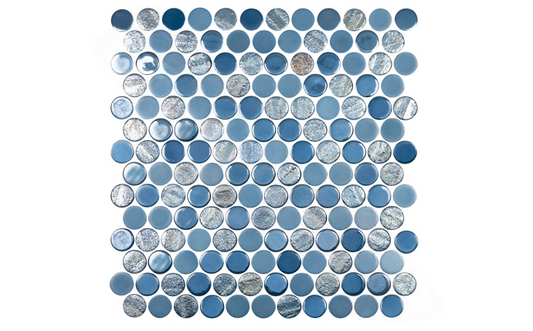 NPT Sea Glass Round Tile Cobalto showcasing silver and blue glass pieces