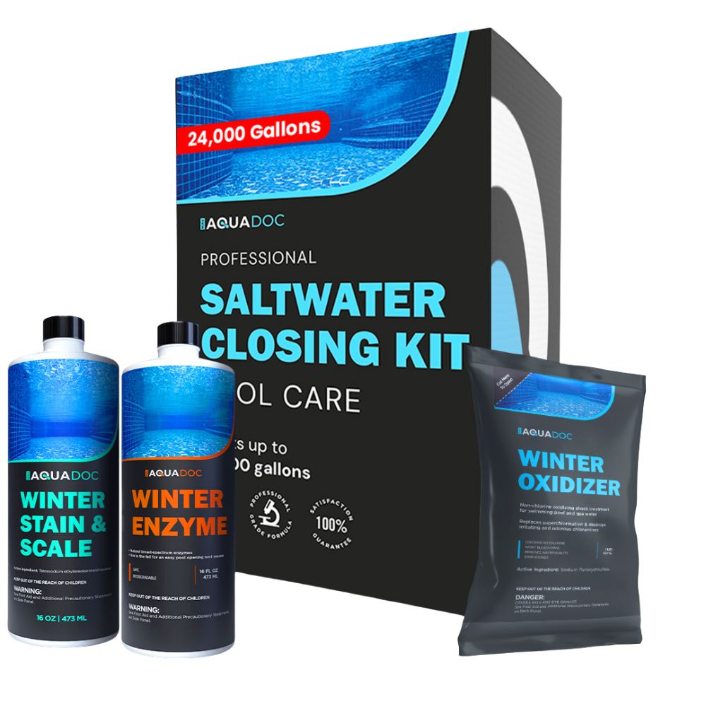 AquaDoc saltwater closing kit with bottles and a packet on a white background