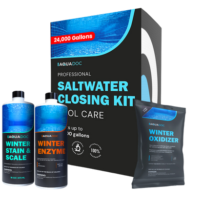 AquaDoc saltwater closing kit with bottles and a packet on a white background