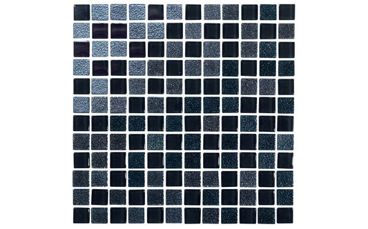 Close-up view of Splendor Black iridescent glass tile, showcasing black tones
