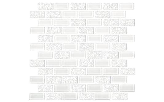 Closeup view of Splendor White iridescent glass tile 1x2 inch.