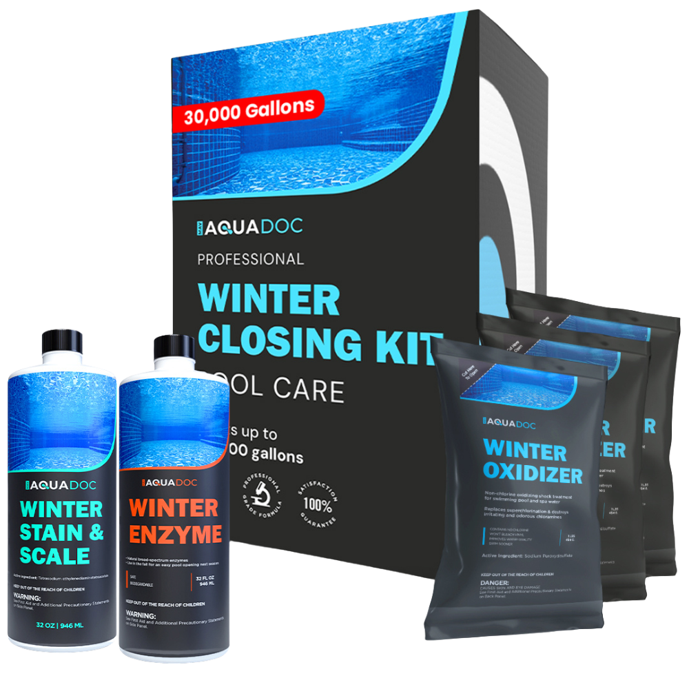 AquaDoc winter closing kit for pool care with bottles and packaging on a white background