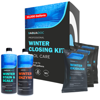 AquaDoc winter closing kit for pool care with bottles and packaging on a white background