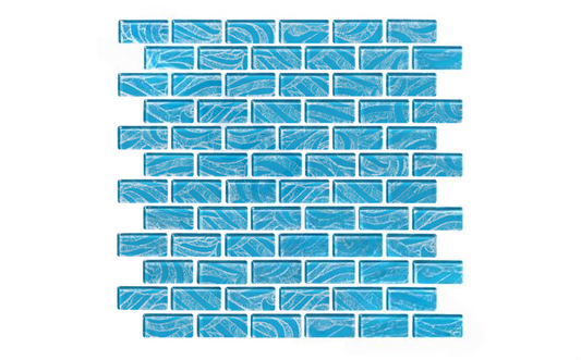 Close-up of Zephyr Blue glass tile showing turquoise color and glittery design