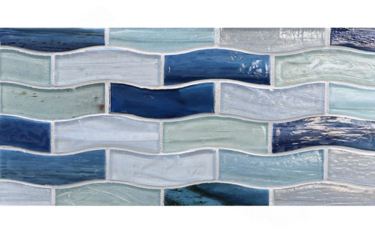 Closeup of shimmering aqua glass tile border with wave pattern