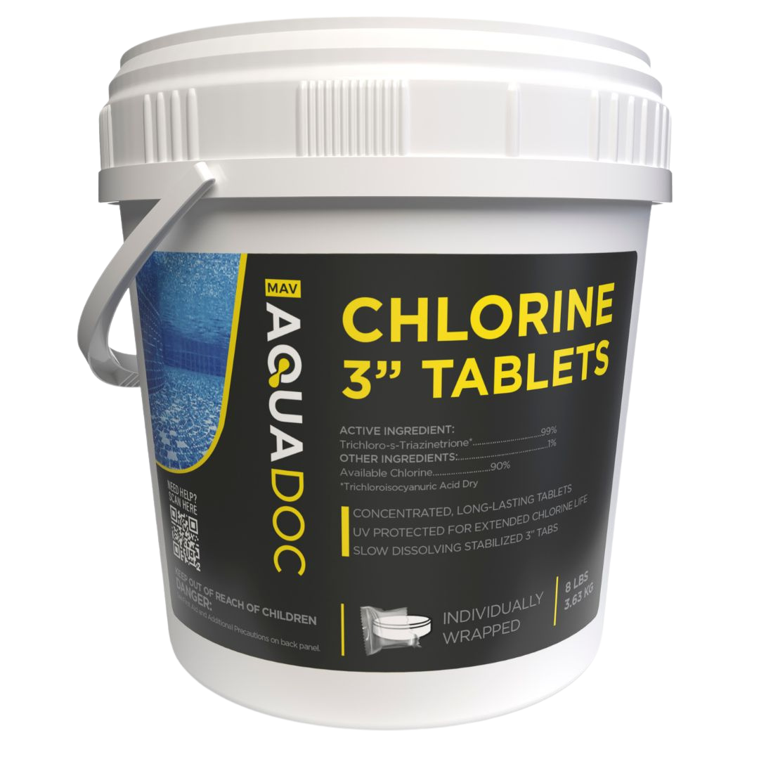 AquaDoc Pool Chlorine Tablets being placed into a pool skimmer basket.