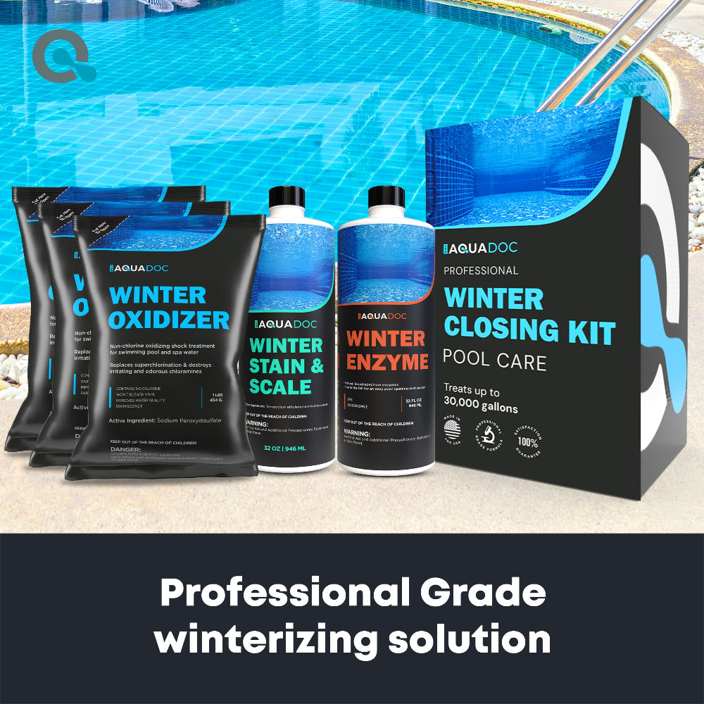 Pool care products including winter oxidizer, stain & scale remover, enzyme, and winter closing kit in front of a pool.