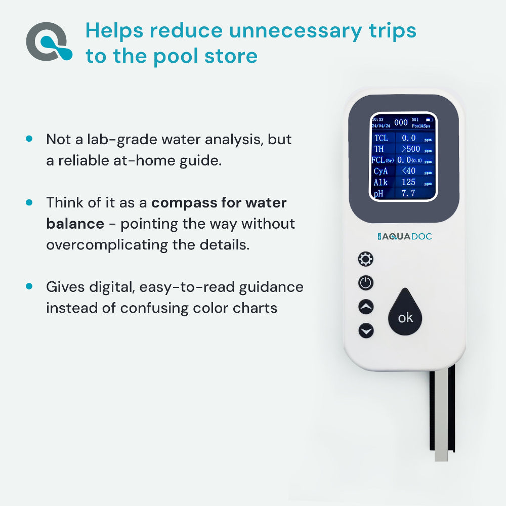 Aquadoc pool water testing device with text on a white background