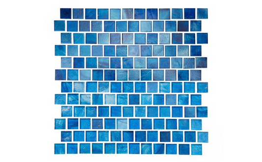 Close-up view of Aquarius Candy glass pool tile in blue shades
