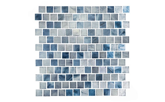 Close-up of Aquarius Mica 1x1 blue glass tile in pool setting