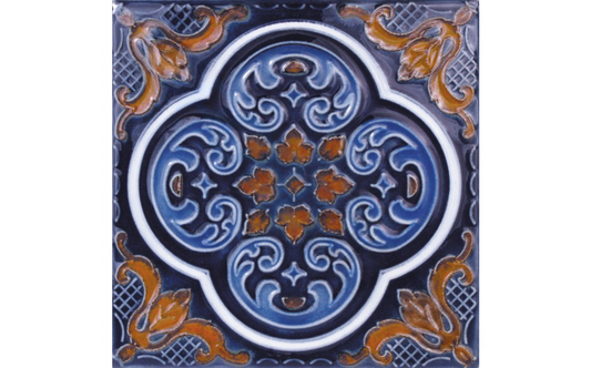 Close-up of cobalt rust Talavera-style pool tile