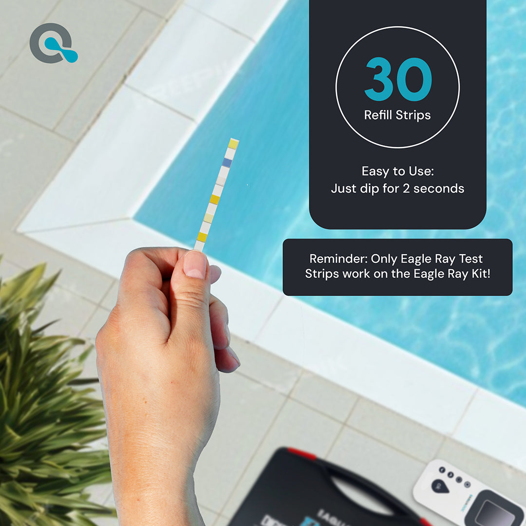 Hand holding a test strip with pool water in the background, featuring product details.