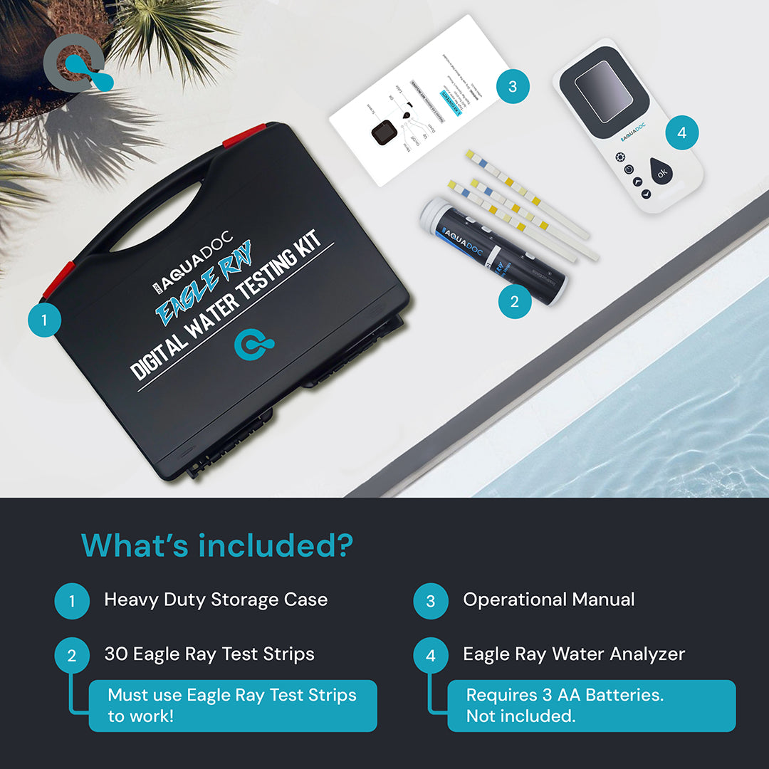 Aquadoc Eagle Ray Digital Pool and Spa Water Testing Kit with components on a white surface.