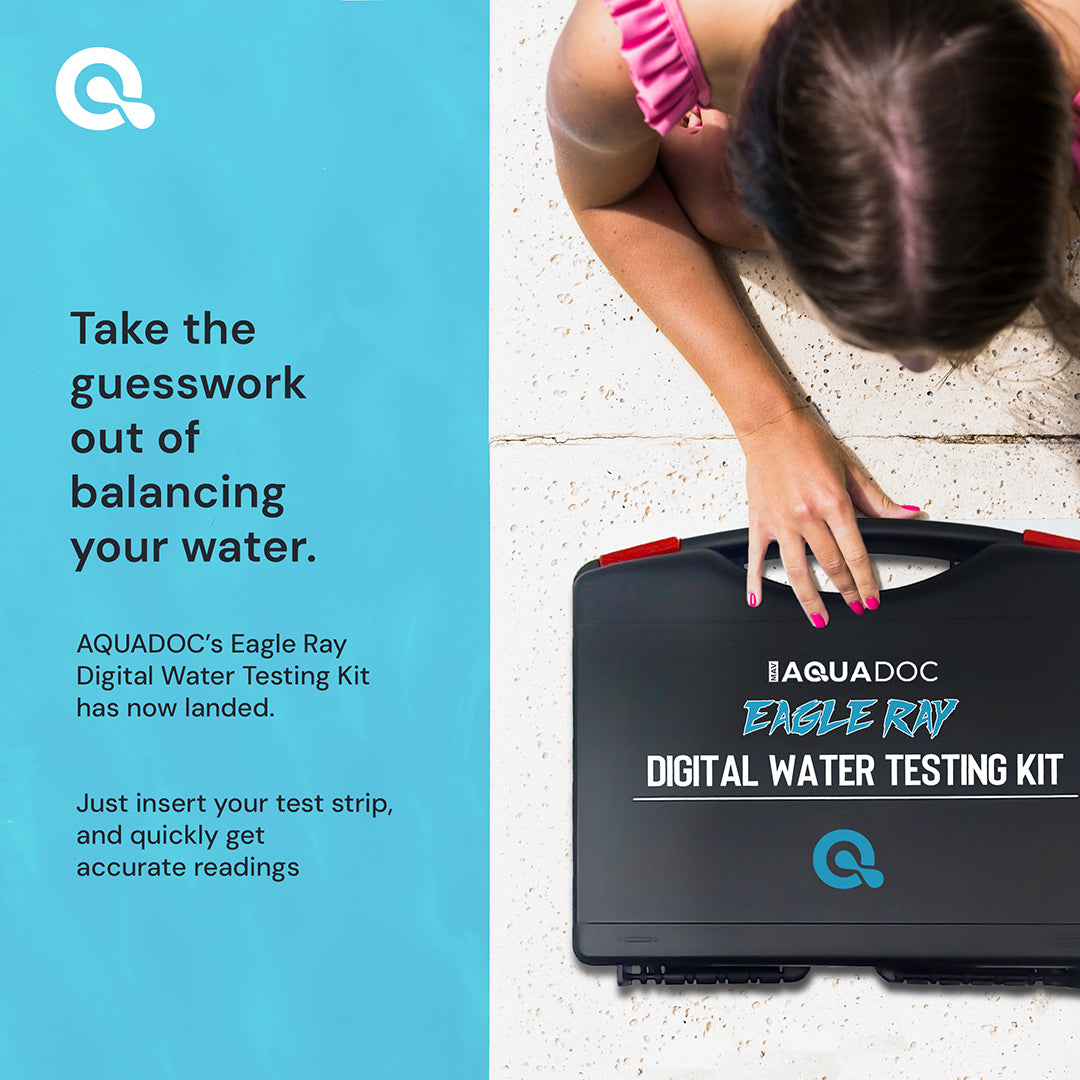 Aquadoc Eagle Ray digital water testing kit with a person interacting with it, on a light blue background.