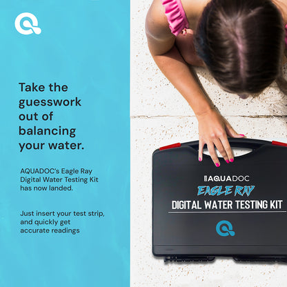 Aquadoc Eagle Ray digital water testing kit with a person interacting with it, on a light blue background.