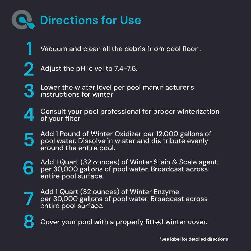 Text-based directions for pool winterization on a dark background