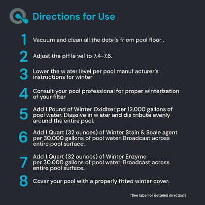 Text-based directions for pool winterization on a dark background